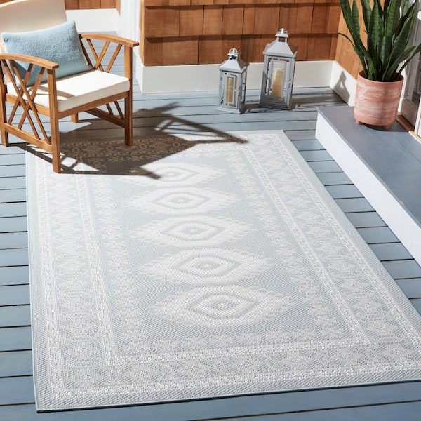 Martha Stewart Aqua/Blue Ivory 7 ft. x 9 ft. Border Tribal Diamonds Indoor/Outdoor Area Rug