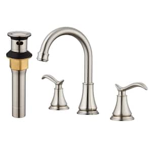 8 in. Widespread Double Handle Bathroom Sink Faucet with 360° Swivel Spout, Stainless Steel Drain Kit in Brushed Nickel