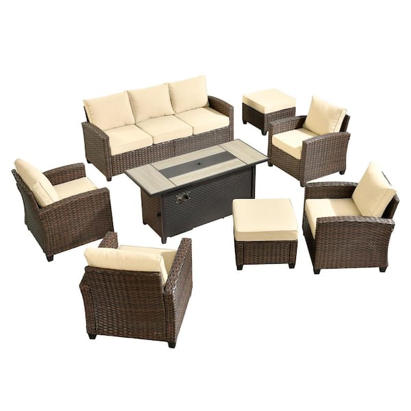 Palermo Brown 8-Piece Wicker Outdoor Modular Patio Furniture Sofa Set with Metal Fire Pit and Beige Cushions