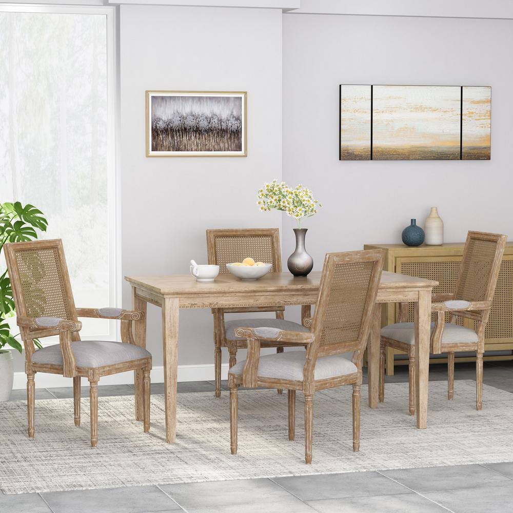 Light Gray Upholstered Wood and Cane Arm Chair Set