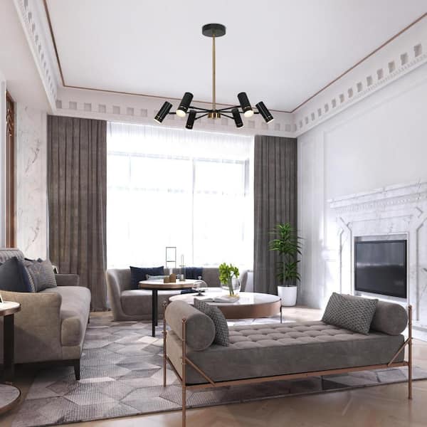 Modern 6-light Black Integrated LED Sputnik Chandelier Lighting for Dining Room, Brass Pendant Light with Cylinder Shade