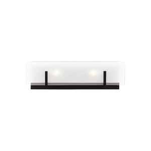 Syll 18 in. H 2-Light Midnight Black Vanity Light with Clear Highlighted Satin Etched Glass Shade