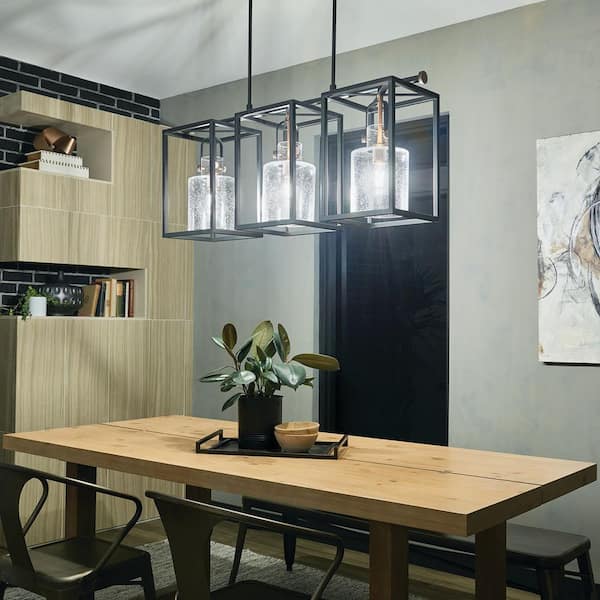 KICHLER Kitner 42 in. 3-Light Black Vintage Industrial Linear Cage Chandelier for Dining Room