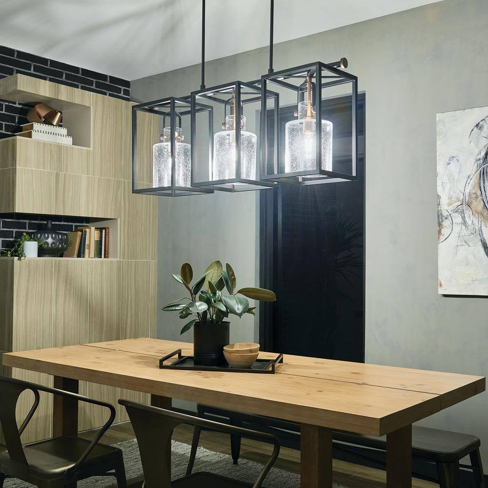 Black Steel Cage 3-Light Linear Chandelier with Clear Seeded Glass