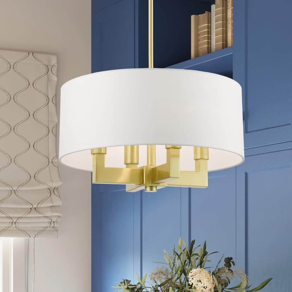 Mini Drum Satin Brass 4-Light Chandelier with Off-White Shade