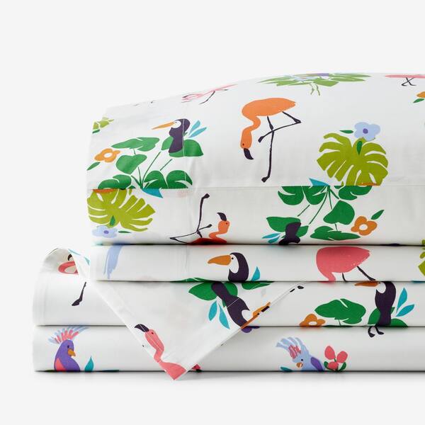 The Company Store Company Cotton Tropical Flamingo White Multi Cotton Percale King Sheet Set