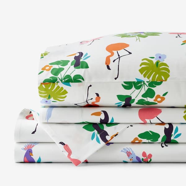 The Company Store Company Cotton Tropical Flamingo White Multi Cotton Percale Twin XL Sheet Set