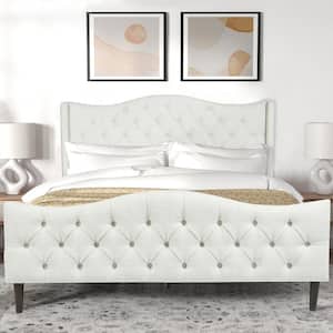 ALDA Beige Fabric Luxury Tufted Upholstered Metal Frame Queen Size Platform Bed Frame with Box Spring Not Required
