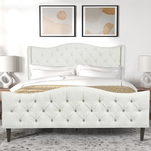Homy Casa ALDA Beige Fabric Luxury Tufted Upholstered Metal Frame Queen Size Platform Bed Frame with Box Spring Not Required
