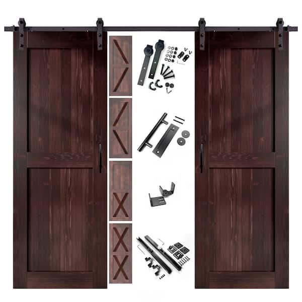 HOMACER 48 in. x 80 in. 5 in. 1 Design Red Mahogany Double Pine Wood Interior Sliding Barn Door Hardware Kit, Non-Bypass