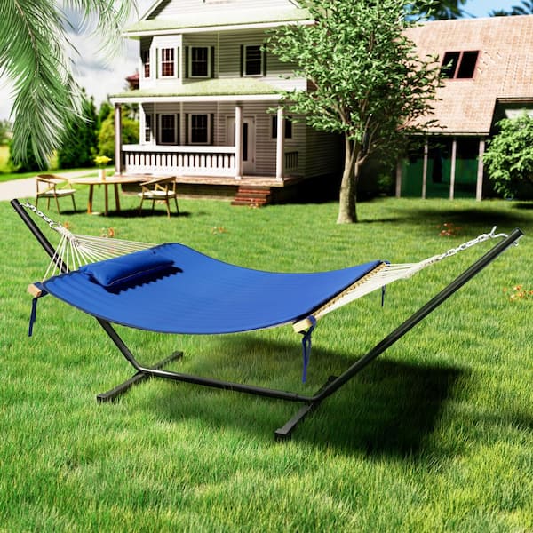 VEIKOUS 12 ft. Quilted 2-Person Hammock Bed with Stand and Detachable Pillow in Dark Blue