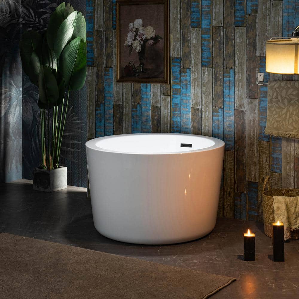 41'' Round White Acrylic Freestanding Bathtub with Matte Black Drain