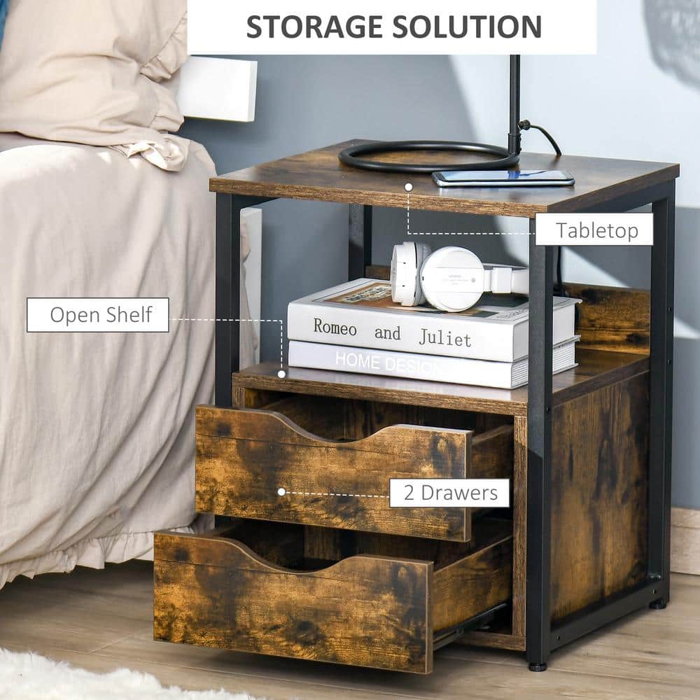 Rustic Brown Wood and Black Steel Side Table with Storage Drawers