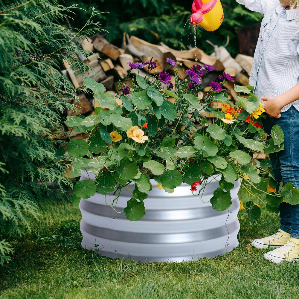 24.25" Silver Galvanized Metal Round Raised Garden Bed Planter