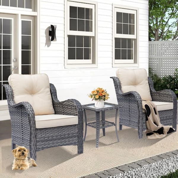 Gray 3-Piece Wicker Outdoor Bistro Set Patio Furniture Armchairs Rattan Side Table with Beige Cushions