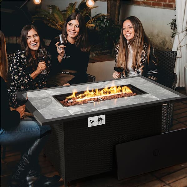 52 in. Propane Fire Pit Table Marble Tabletop Rattan Wicker w/Rain Cover Lava Rock