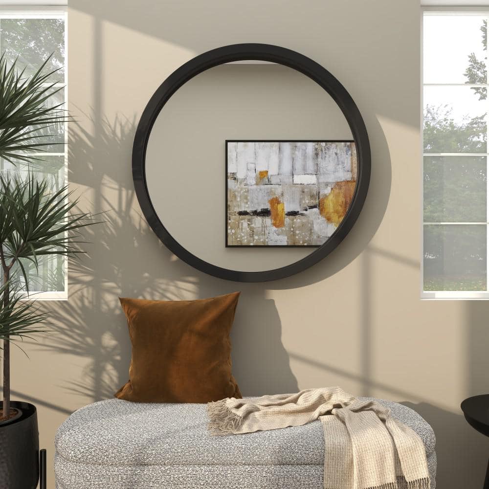30" Modern Round Wall Mirror with Sleek Wooden Frame