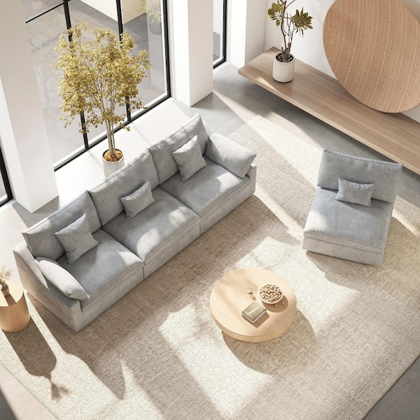 156 in. Square Arm Linen 4-Piece Oversized Deep Seat Modern Comfy Cloud Modular Sectional Sofa Couch in. Gray