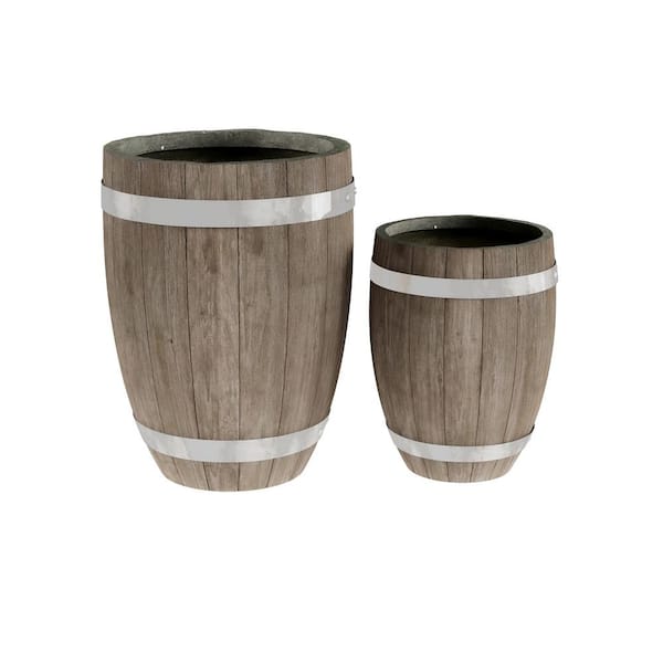 Pure Garden Light-Weight Fiber Clay Whiskey Barrel Planter Flower Pots-13 in. and 9.4 in. Diameter (Set of 2)