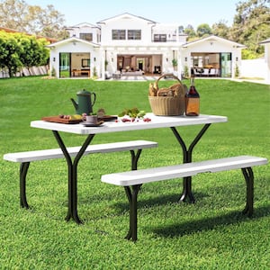 4.5 ft. White Rectangular Steel Frame Outdoor Picnic Table Bench with Weather Resistant Resin Tabletop and Stable