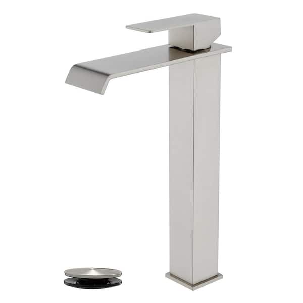 FLG Single Handle Vessel Sink Faucet with Pop-Up Drain Waterfall Stainless Steel Bathroom High Tall Taps in Brushed Nickel