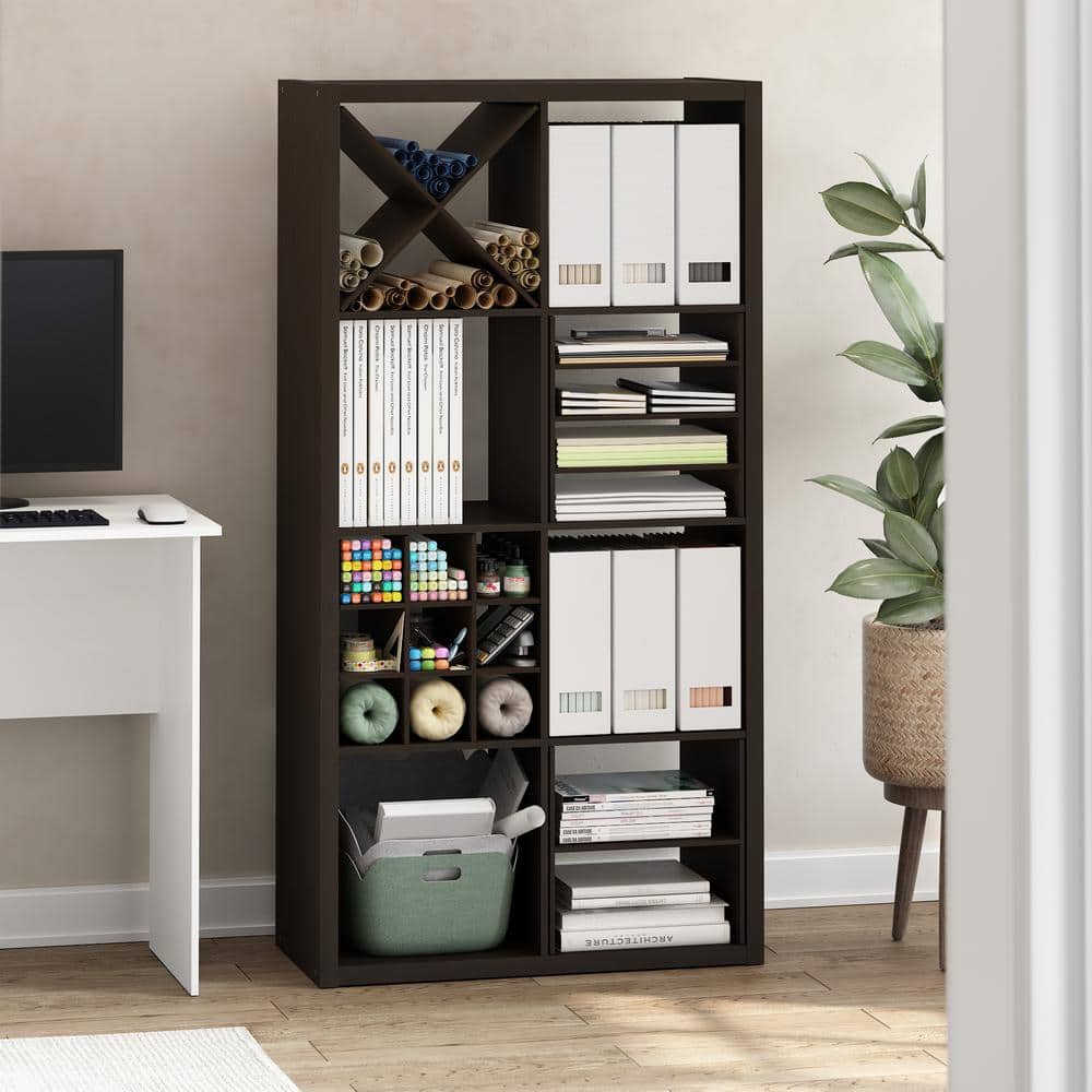 Furinno Cubicle 13.35 in. Tall Dark Oak Wood 9-Shelf Cube Bookcase ...