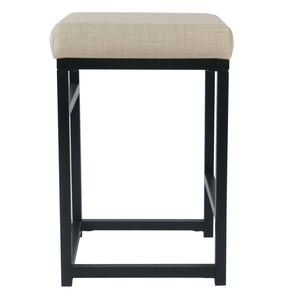 Elegant Black Metal and Wood Backless Counter Stool with Fabric Seat