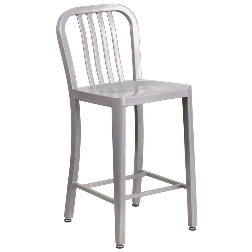 Silver 24" Metal Counter Height Stool with Vertical Slat Back