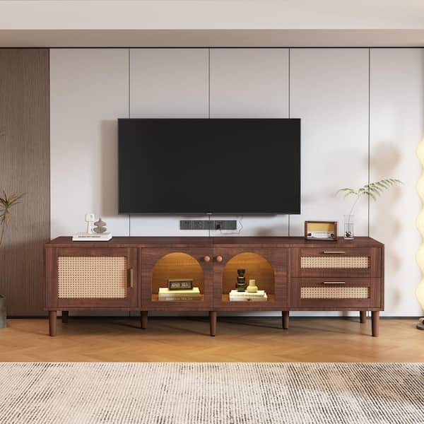 70 in. Dark Brown TV Stand Fits TVs up to 80 in. Entertainment Center with App Controlled LED Lights, 2 Drawers & Glass