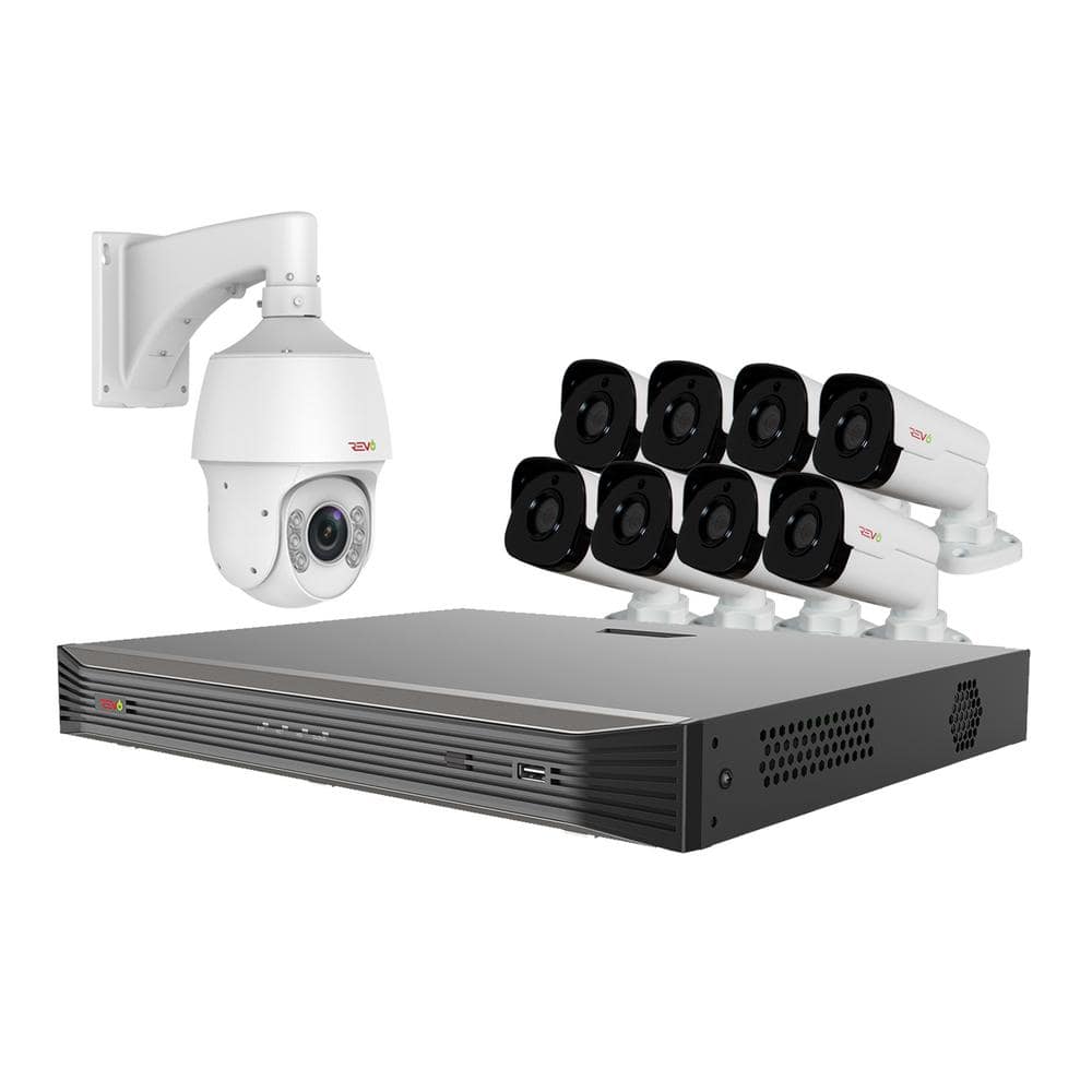 Revo Ultra Commercial Grade 16-CH 4K 3TB Smart NVR Video Surveillance System with 8 4MP Bullet and 22x PTZ Cameras, Black/White -  RU162PTZBNDL-1