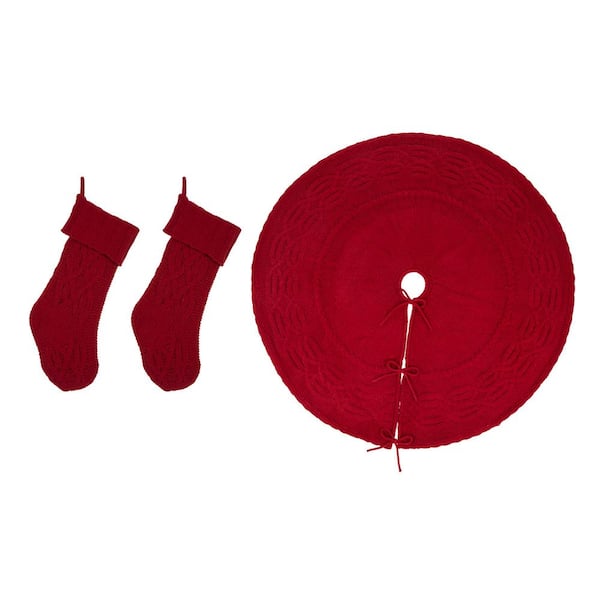 Glitzhome Set of 3 Knitted Polyester Red Christmas Decoration (52 in. Tree Skirt/ 24 in. Stocking)