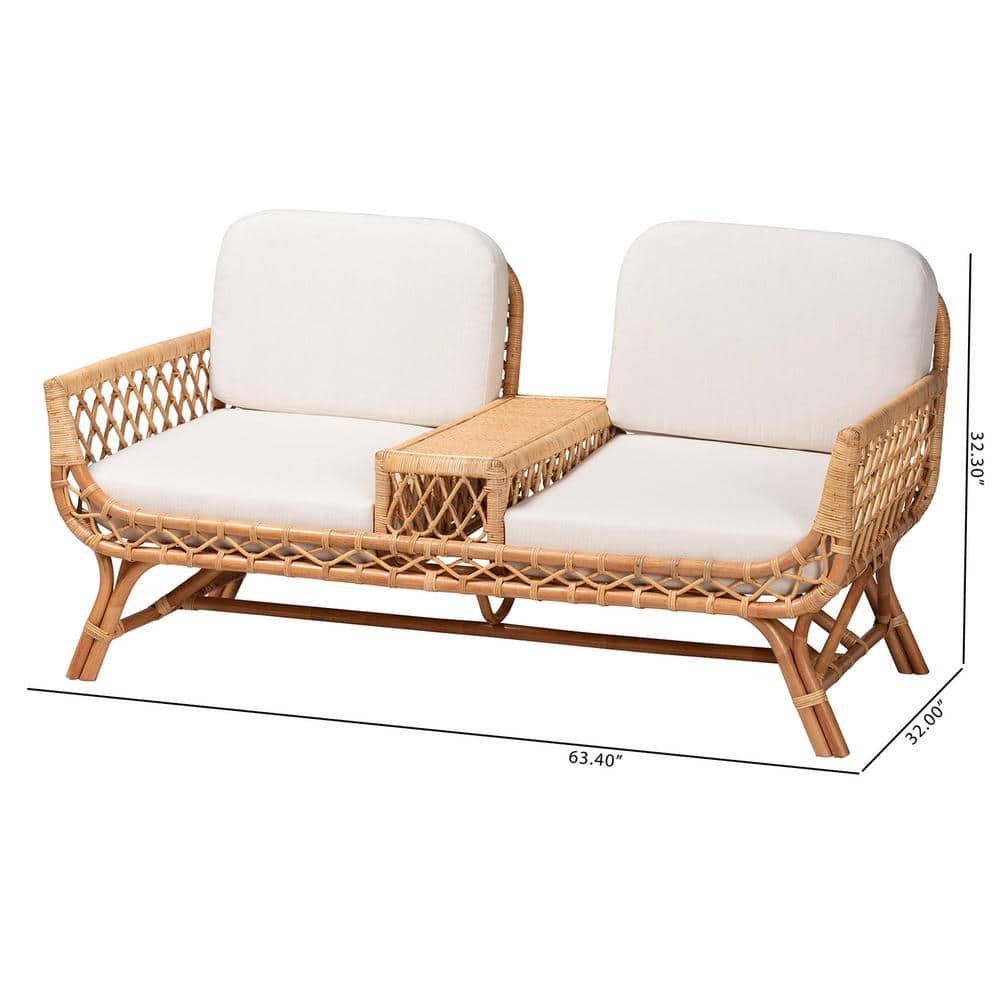 Bohemian Light Honey Rattan Tete-a-Tete Sofa with Removable Cushions
