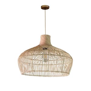 Nelli 1-Light Natural Pendant Light Handmade Rattan Beige Shade in Brass Finish Coasta Kitchen Light