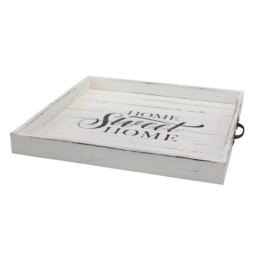 Off-White Distressed Wood Square Decorative Tray with Metal Handles