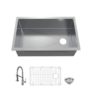 Professional 30 in. Undermount Single Bowl 16 Gauge Stainless Steel Kitchen Sink with Spring Neck Faucet