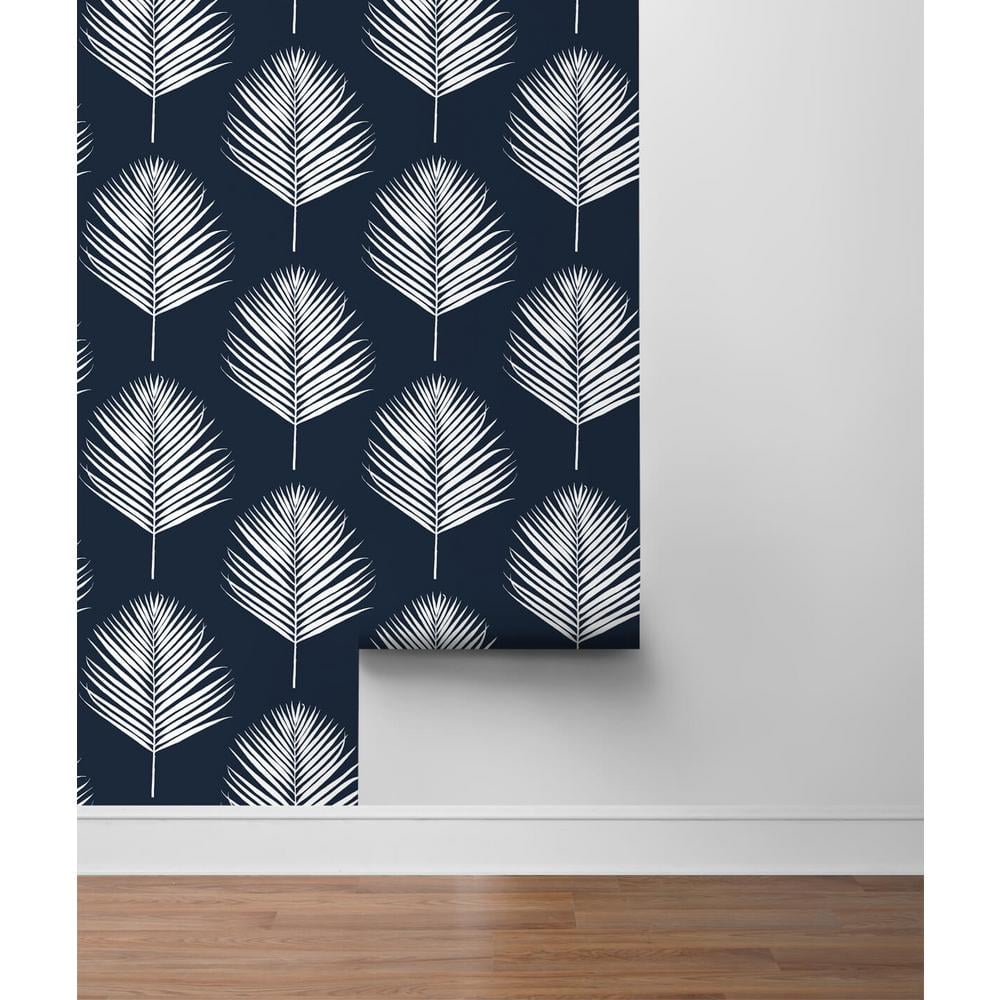 Midnight Blue and White Vinyl Palm Leaf Peel and Stick Wallpaper