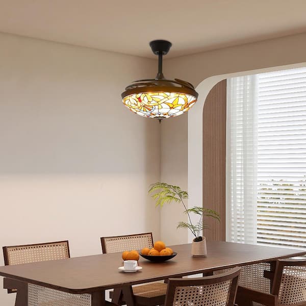 42 in. Brown Downrod Mount Tiffany Style Retractable Fandelier Ceiling Fan with 3-Color Integrated LED and Remote