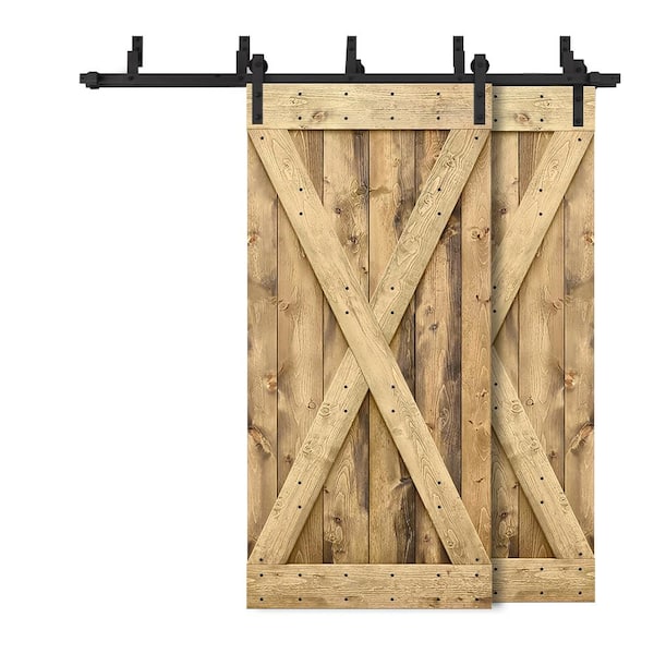 CALHOME 96 in. x 84 in. X Bypass Weather Oak Stained DIY Solid Wood Interior Double Sliding Barn Door with Hardware Kit