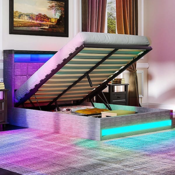 Upholstered Storage Bed Gray Metal Frame Queen Platform Bed with Lighted Headboard, USB Ports and Shelves