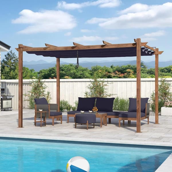 PURPLE LEAF 10 ft. x 13 ft. Natural Wood Grain Aluminum Pergola Gazebo with Navy Blue Retractable Sunshade Canopy and Extra Top Roof