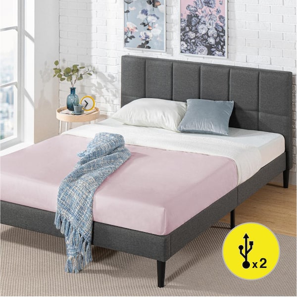 Zinus Lottie Grey Twin Upholstered, Grey Twin Bed Frame With Headboard