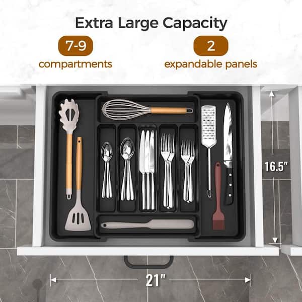 1.77 in. H x 21 in. W x 16.5 in. D Plastic Silverware Organizer for Kitchen Flatware and Utensil Organizer Black(1-Pack)