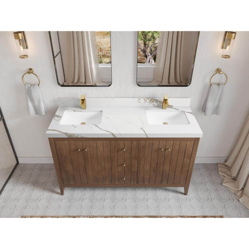Atlanta Teak Double Bathroom Vanity with Calacatta Gold Top
