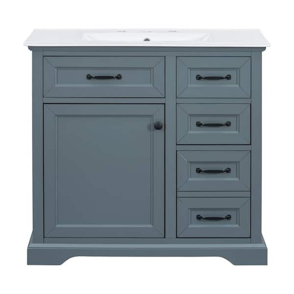 36 in. Single Sink Freestanding Blue Gray Bath Vanity with White Ceramic Top and 4 Drawer Storage Cabinet Unassembled