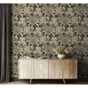 56 sq. ft. Ironwork and Taupe Tropical Palm Beach Prepasted Paper Wallpaper Roll