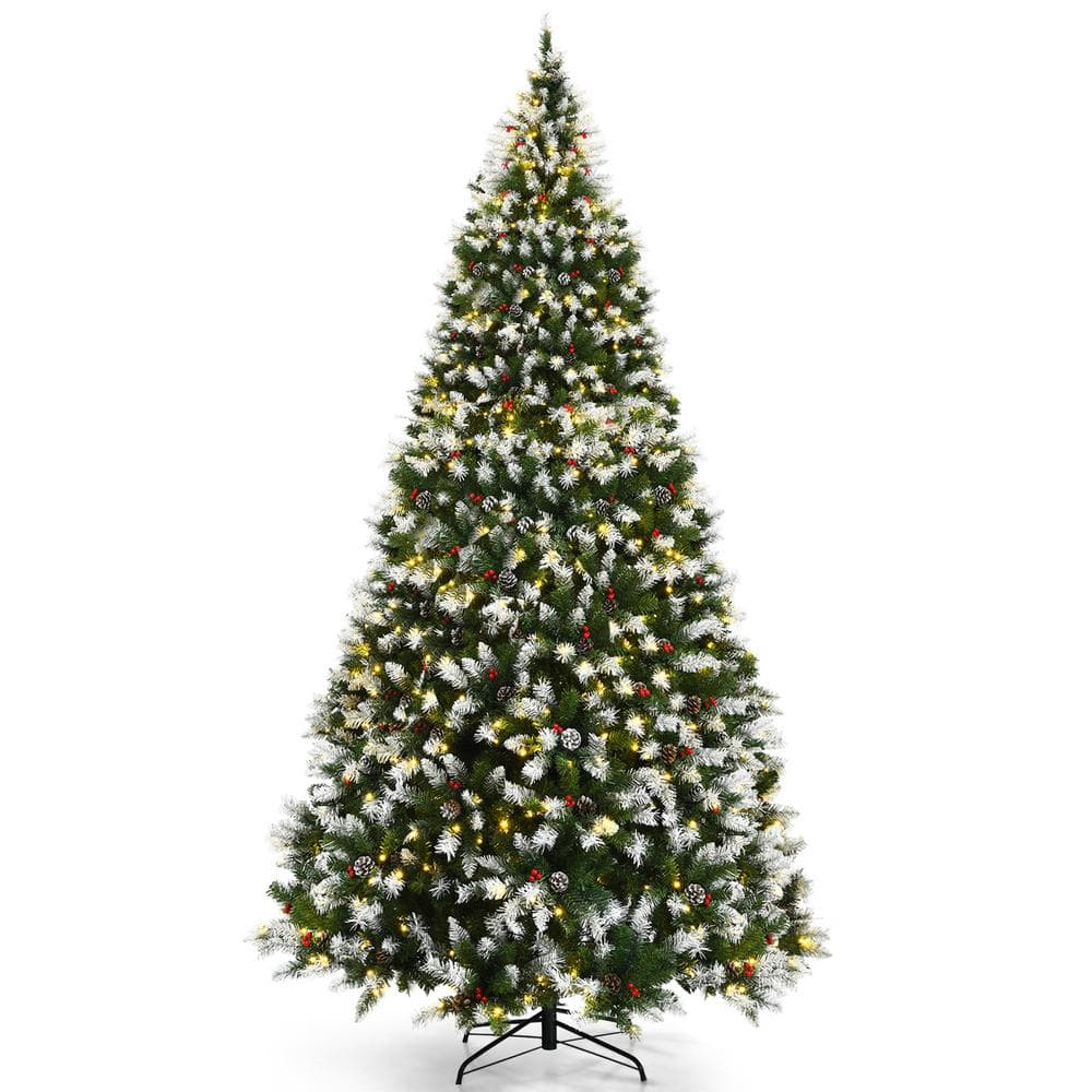 Gymax 9 FT Pre-lit Snow Sprayed Artificial Christmas Tree Xmas Tree w/LED Lights