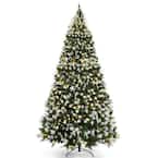 9 FT Pre-lit Snow Sprayed Artificial Christmas Tree Xmas Tree w/LED Lights