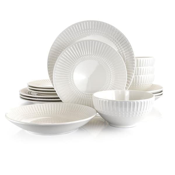 Gibson Home Embossed Fan 16-Piece Casual White Ceramic Dinnerware Set (Service for 4)