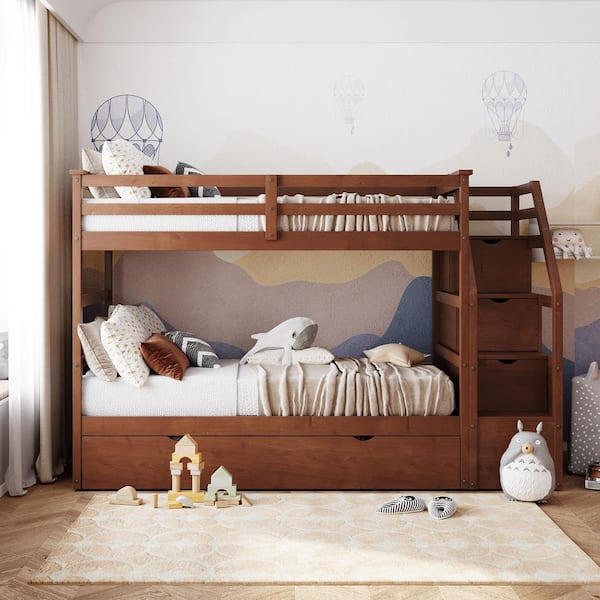 Walnut Twin Over Twin Bunk Bed with Twin Size Trundle and Storage Stairs