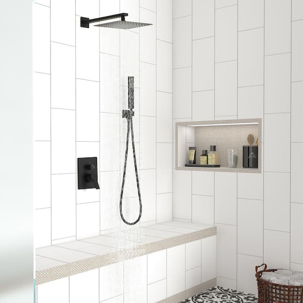 1-Spray Pattern Square 10 in. Rain Dual Shower Head Wall Mount Fixed and Handheld Shower Head 1.5 GPM in Matte Black
